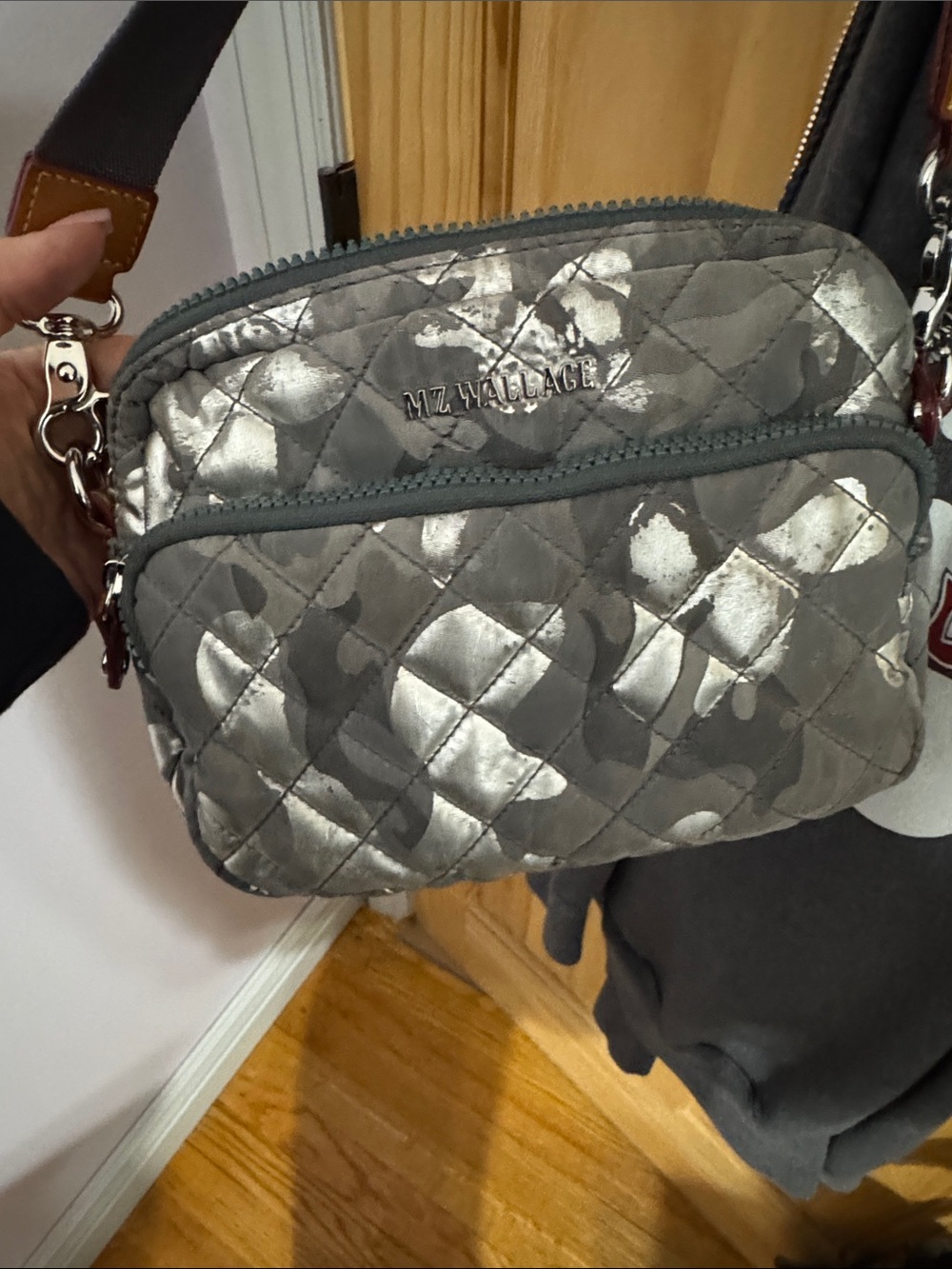 MZ Wallace Quilted Gray Crossbody camera bag  with Leather Trim Accents - Picture 7 of 8